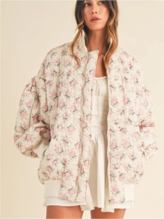 Mable Jackets & Blazers - Mable Mallory Oversized Floral Bomber Jacket SMALL Cream Pink Anthropologie